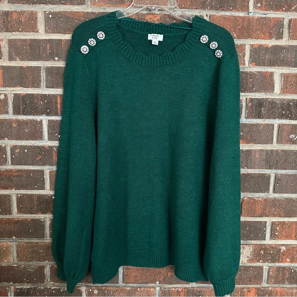 crown & ivy Emerald Green Crew Neck Sweater with Rhinestone Shoulder Buttons